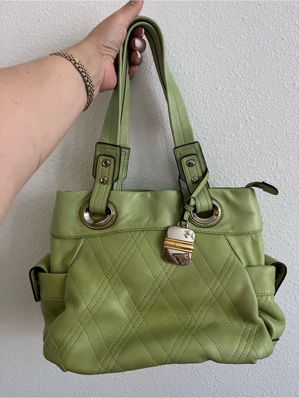 b. makowsky Green Quilted Leather Shoulder Bag with Silver and Gold Hardware